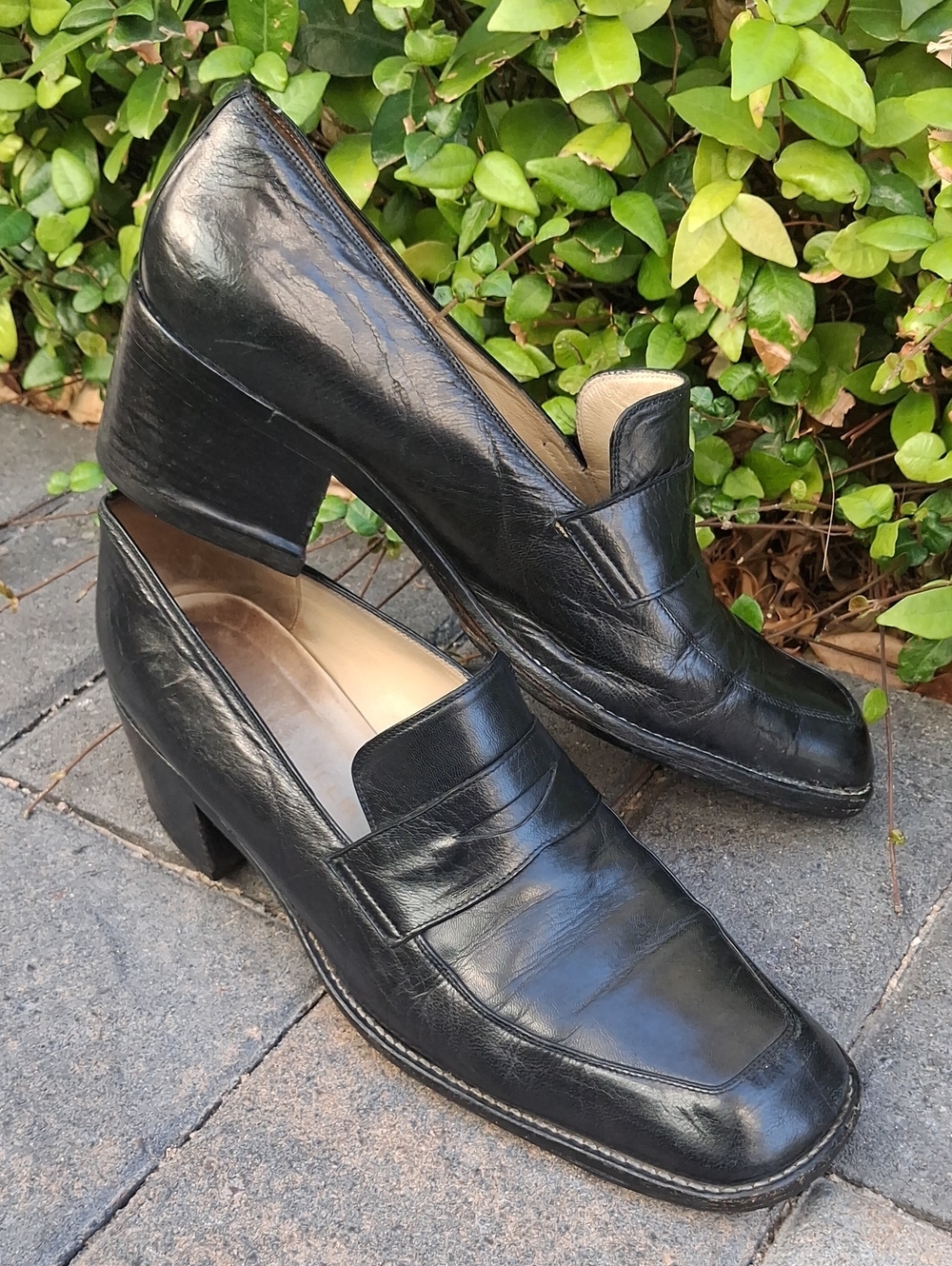 90's Studio Pollini Brwn Leather Block Heel Square Toe Loafers Made In Italy 7.5